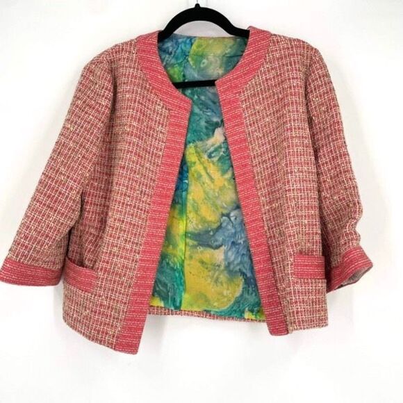 Jonofui Women's Tweed 3/4 Sleeve Lined Blazer Jacket Pink Medium Silk lining - Picture 13 of 16